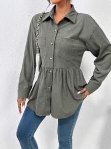 Chiquease Drop Shoulder Peplum Hem Coat - Dark Green - View 5