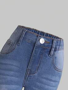 女小童毛邊破洞牛仔褲 - 深色水洗藍 - 查看 4