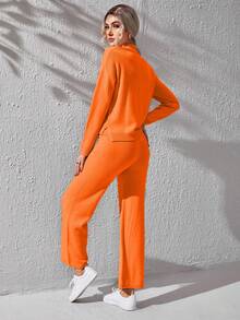 SHEIN Essnce Mock Neck Seam Front Drop Shoulder Sweater & Knit Pants - Orange - View 2