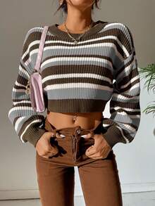 SHEIN Unity Striped Pattern Lantern Sleeve Crop Sweater - Multicolor - View 3