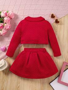 SHEIN Young Girl Letter Graphic Button Front Jacket & Pleated Skirt - Red - View 2