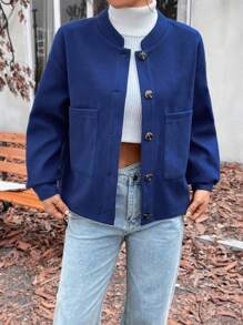 SHEIN Unity 落肩袖雙口袋前紐扣花呢外套 - 藏蓝色 - 查看 4