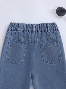 口袋 紙袋褲腰純色嬰童（女）牛仔 - 中等水洗藍 - 查看 4