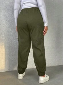 Calvaya 加大翻盖口袋侧抽绳腰部工装裤 - 軍綠色 - 查看 2