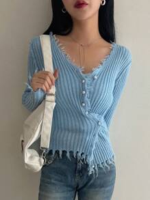 DAZY Solid Distressed Trim Button Front Cardigan,Fall Clothes - Blue - View 6