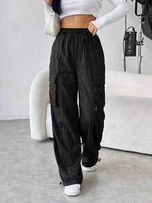 SHEIN Unity Flap Pocket Side Drawstring Waist Cargo Pants - Black - View 6
