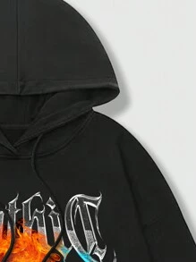 ROMWE MEN Street Life Hombres Capucha con estampado de slogan y figura con cordón - Negro - Ver 5