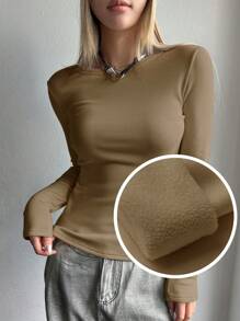 DAZY 素色圓領保暖T恤 - 橄欖綠 - 查看 1