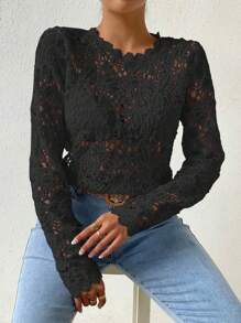 Chiquease 素色薄透提花蕾絲襯衫不附胸罩 - 黑色 - 查看 1