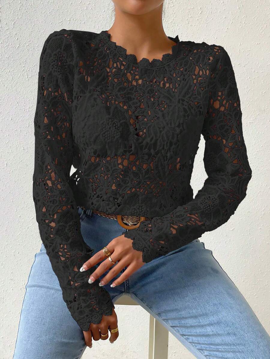 Chiquease 素色薄透提花蕾絲襯衫不附胸罩 - 黑色 - 查看 1