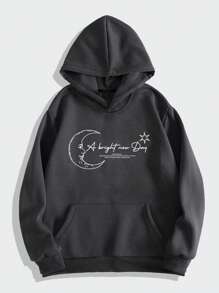 ROMWE MEN Street Life 男士日月圖案袋鼠口袋抽繩保暖連帽衫 - 深灰色 - 查看 2