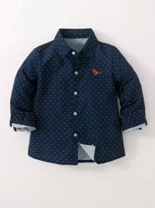 小男孩海军蓝圆点舒适休闲长袖衬衫，适合春夏季、度假、旅行、放松、日光浴