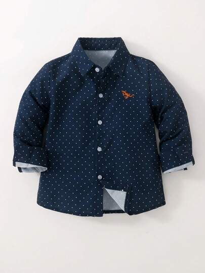 Young Boy Navy Blue Polka Dot Comfortable Casual Long Sleeve Shirt For Spring/Summer, Getaway, Holiday, Travel, Relax, Sunbathing