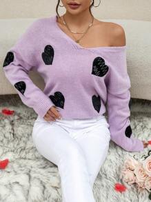 GENKIRA Suéter de punto con caída de hombros y estampado de corazones para otoño e invierno - Morado - Ver 7