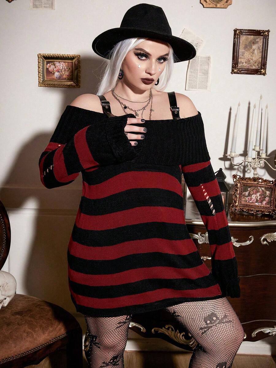 Calvaya 大碼條紋圖案挖肩破洞細節毛衣洋裝 - 酒紅色 - 查看 1