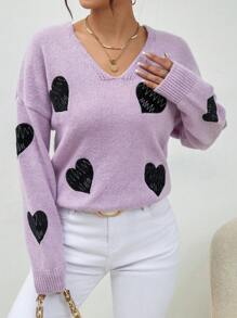 GENKIRA Suéter de punto con caída de hombros y estampado de corazones para otoño e invierno - Morado - Ver 3