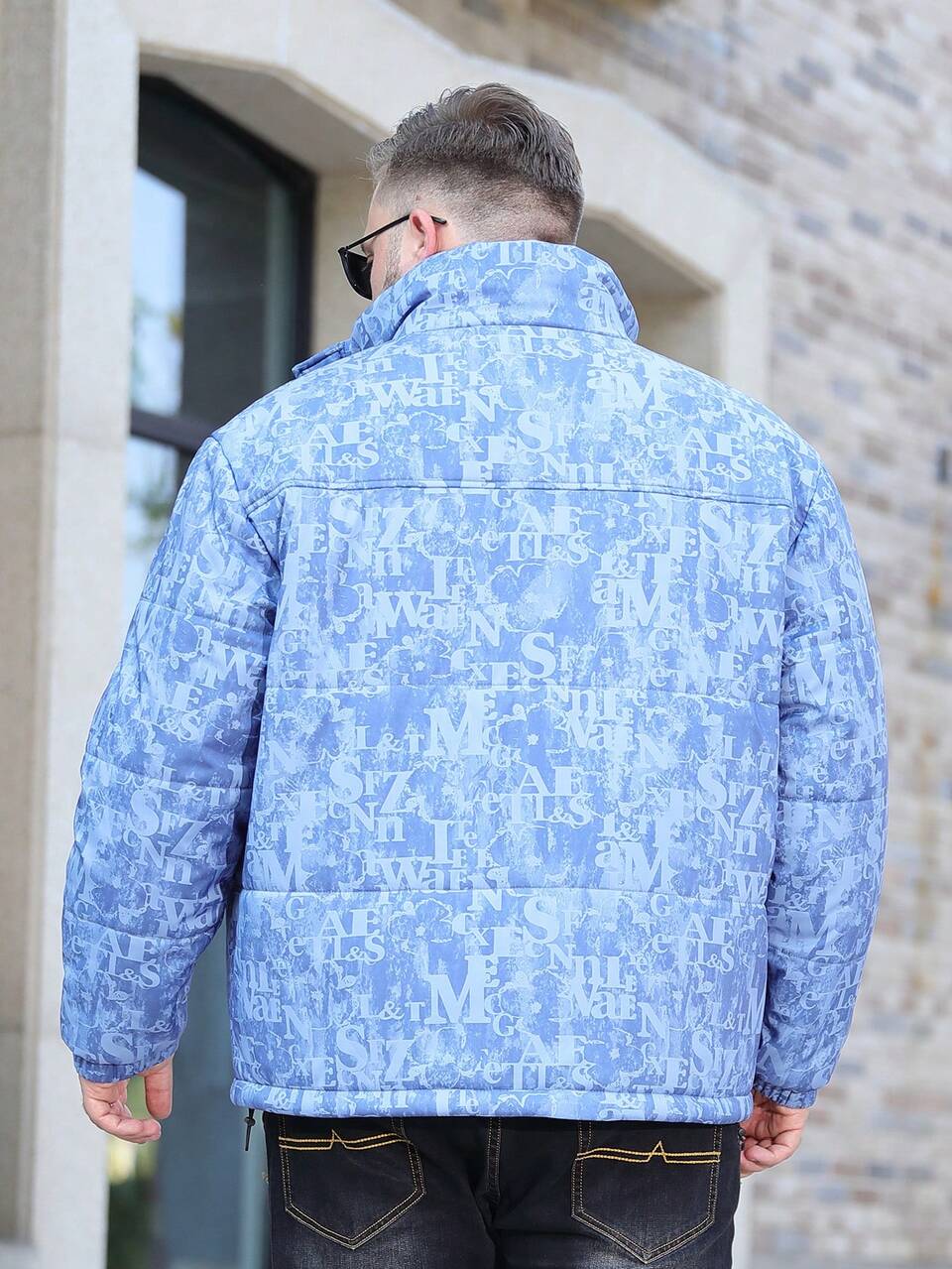 Loose Men's Plus Size Blue Padded Coat With Letter Pattern Print