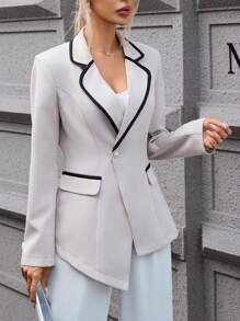 SHEIN Privé Blazer Sin Cuello Con Bolsillos Con Solapa Y Bordes De Patchwork - Albaricoque - Ver 3