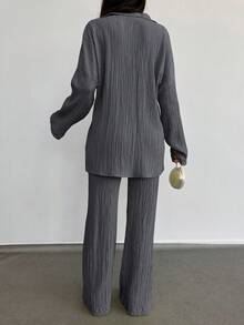 SHEIN Cottnline 2pcs/set Solid Color Textured Fabric Shirt And Pants Suit - Dark Grey - View 2