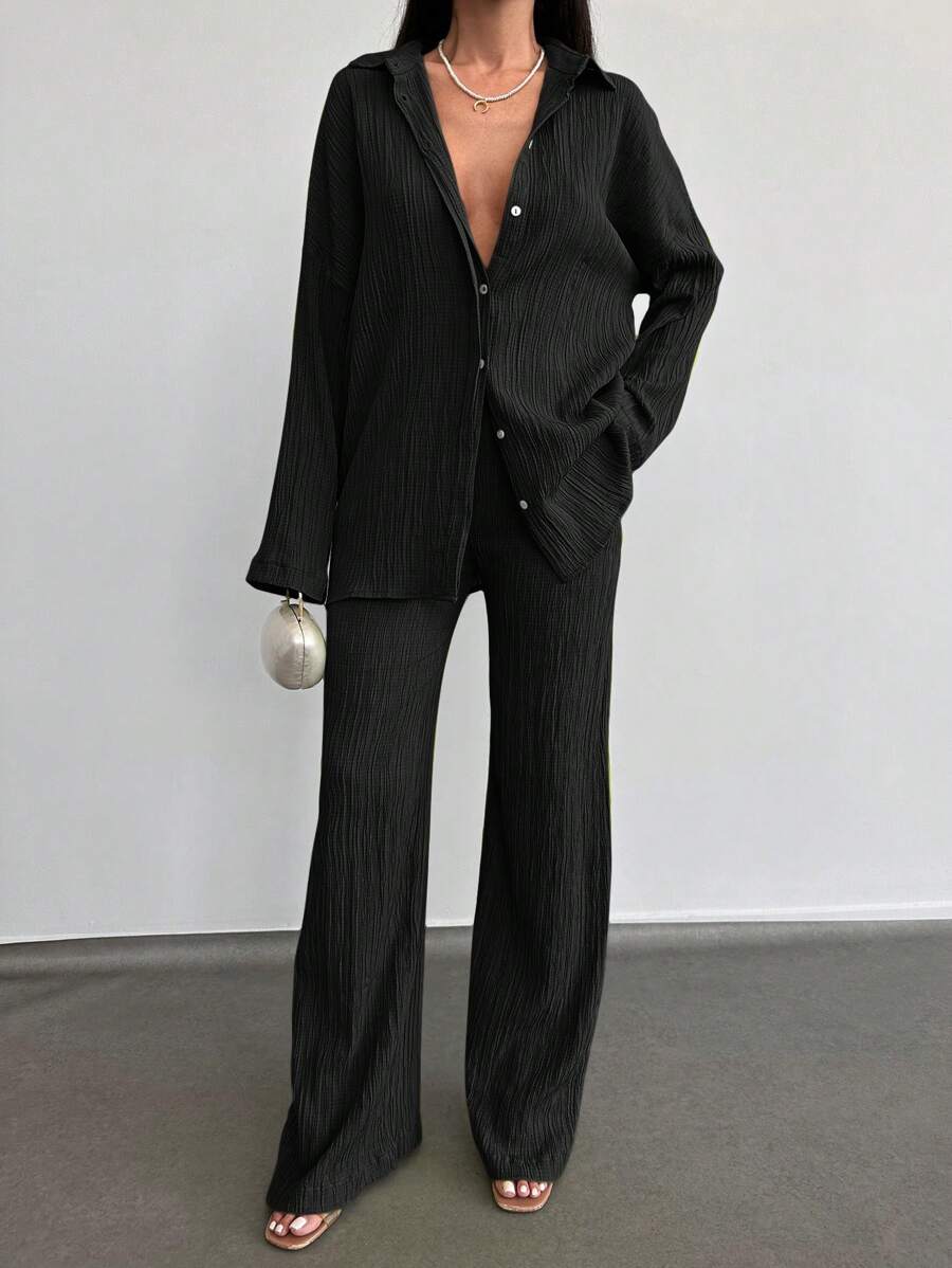 SHEIN Cottnline Solid Button Front Shirt & Wide Leg Pants - Black - View 1