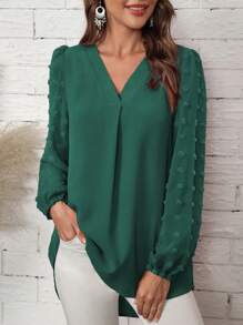 SHEIN LUNE 圓點燈籠袖高低下擺襯衫 - 墨綠色 - 查看 1