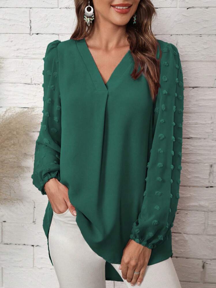 SHEIN LUNE Blusa de lunares de manga farol bajo irregular - Verde Oscuro - Añade 1