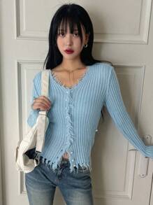 DAZY Solid Distressed Trim Button Front Cardigan,Fall Clothes - Blue - View 8