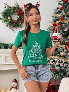 SHEIN Essnce In Giáng sinh Áo thun - màu xanh lá - Xem 5