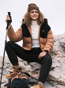 In My Nature 拼色字母图案拼色连帽棉服大衣 - 卡其色 - 查看 4