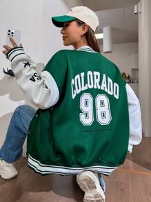 StreetHx Star & Letter Graphic Two Tone Drop Shoulder Varsity Jacket Fall Winter Cloth For Women - Multicolor - View 6