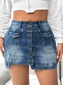 SHEIN EZwear 大碼前紐扣翻蓋細節牛仔半身裙 - 藍色 - 查看 1