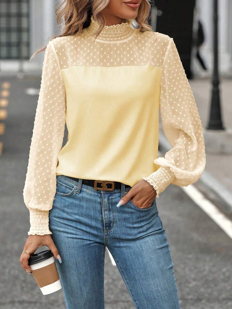 SHEIN Privé Chấm Swiss Yoke Tay áo lồng đèn Áo - Màu be - Xem 1