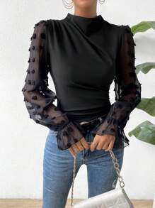 SHEIN Privé Swiss Dot Flounce Sleeve Mock Neck Ruched Side Top - Black - View 4