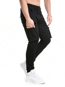 Tegias男裝修身彈力牛仔褲經典牛仔工作褲帶口袋休閒長褲 - 黑色 - 查看 3