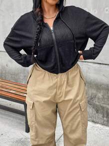 Flirla 加大码拉链落肩抽绳卫衣 - 黑色 - 查看 1