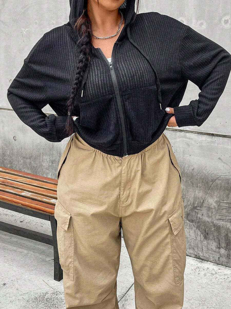 Flirla 加大码拉链落肩抽绳卫衣 - 黑色 - 查看 1