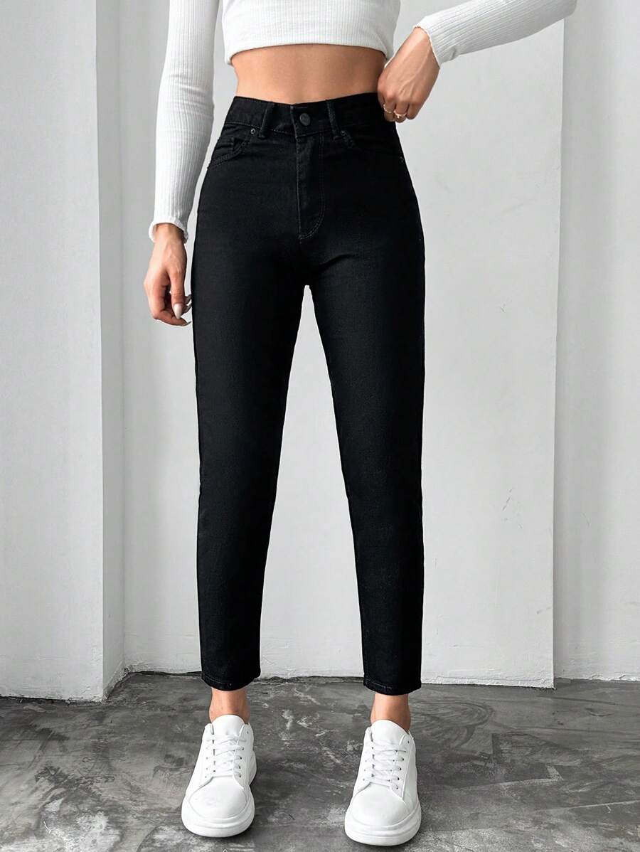 EURMUSE Solid Cropped Skinny Jeans - Black - View 1