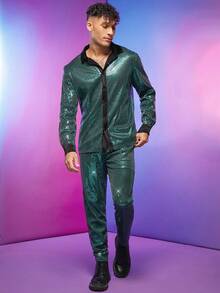 FeverCity Men Slant Pocket Sequin Pants - Green - View 5