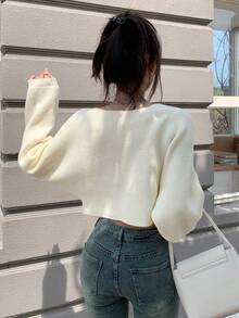 Dazy Star Solid Batwing Sleeve Crossover Crop Sweater - White - View 7