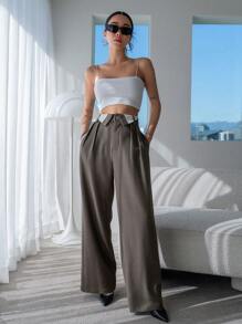 Dazy Designer Quần ống rộng túi xéo tương phản trang phục công sở - màu nâu - Xem 5