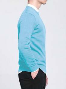 Manfinity Homme Men Solid Round Neck Sweater Without Shirt - Baby Blue - View 4