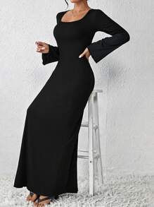 SHEIN LUNE LUNE Elegant,Waist In,Square Neck,Long-Sleeved,Relaxiva Solid Lace-Up Back Maxi Dress,Long Dress Bodycon Dress Maxi Women Bohemian/Festival Long Dress. Suitable For Dates, Work, Vacation,Casual Wear, Style/Festival/Music Festival/Derby Dress/All Saints' Day/Long Prom Dress/African Dresses For Women Fall Cloth For Women - Black - View 6