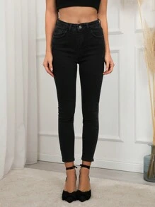 SHEIN PETITE 素色斜口袋緊身牛仔褲