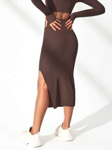 SHEIN Sport Studio Sólido Split Thigh Canelado Esportes Saia