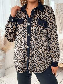 SHEIN Franclia 大碼豹紋印花落肩袖翻蓋細節拼接邊外套 - 紫紅色 - 查看 4