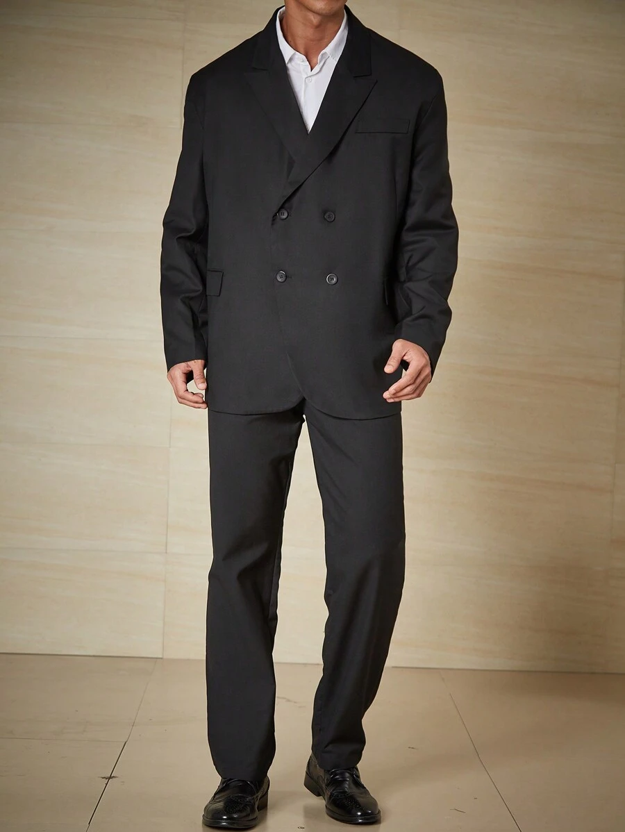 Calvornis Men Plus Double Breasted Blazer & Suit Pants Set - Black - View 1