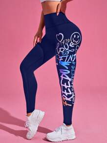 SHEIN Sport Gameset Letter & Expression Print Tummy Control Sports Leggings