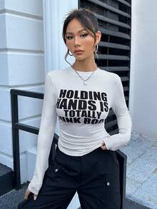 SHEIN Coolane Slogan Graphic Ruched Side Tee - White - View 3