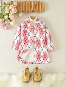 SHEIN 女小童1入組菱形印花翻蓋口袋花呢外套 - 粉色 - 查看 3