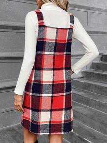 SHEIN LUNE 格紋印花雙口袋背帶洋裝無毛衣 - 紅色 - 查看 2